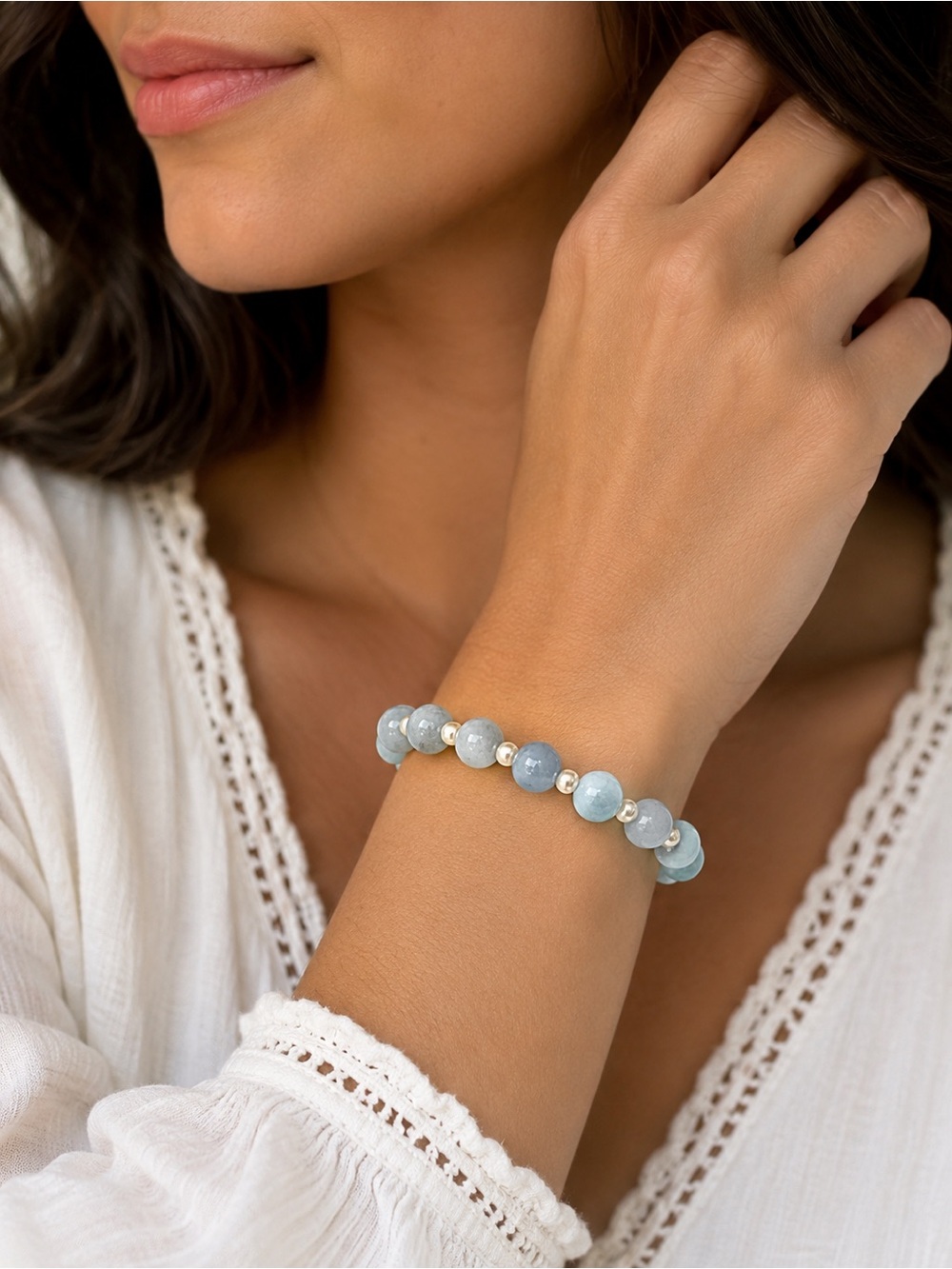 Aquamarine Gemstone Bracelet w/ Swarovski Cream Pearls